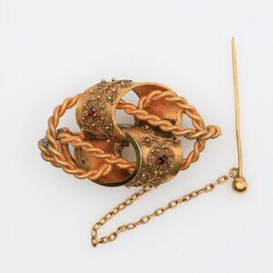 Antique Victorian Lover’s Knot Gold Gilt Brooch Etruscan Revival Filigree 1880s
